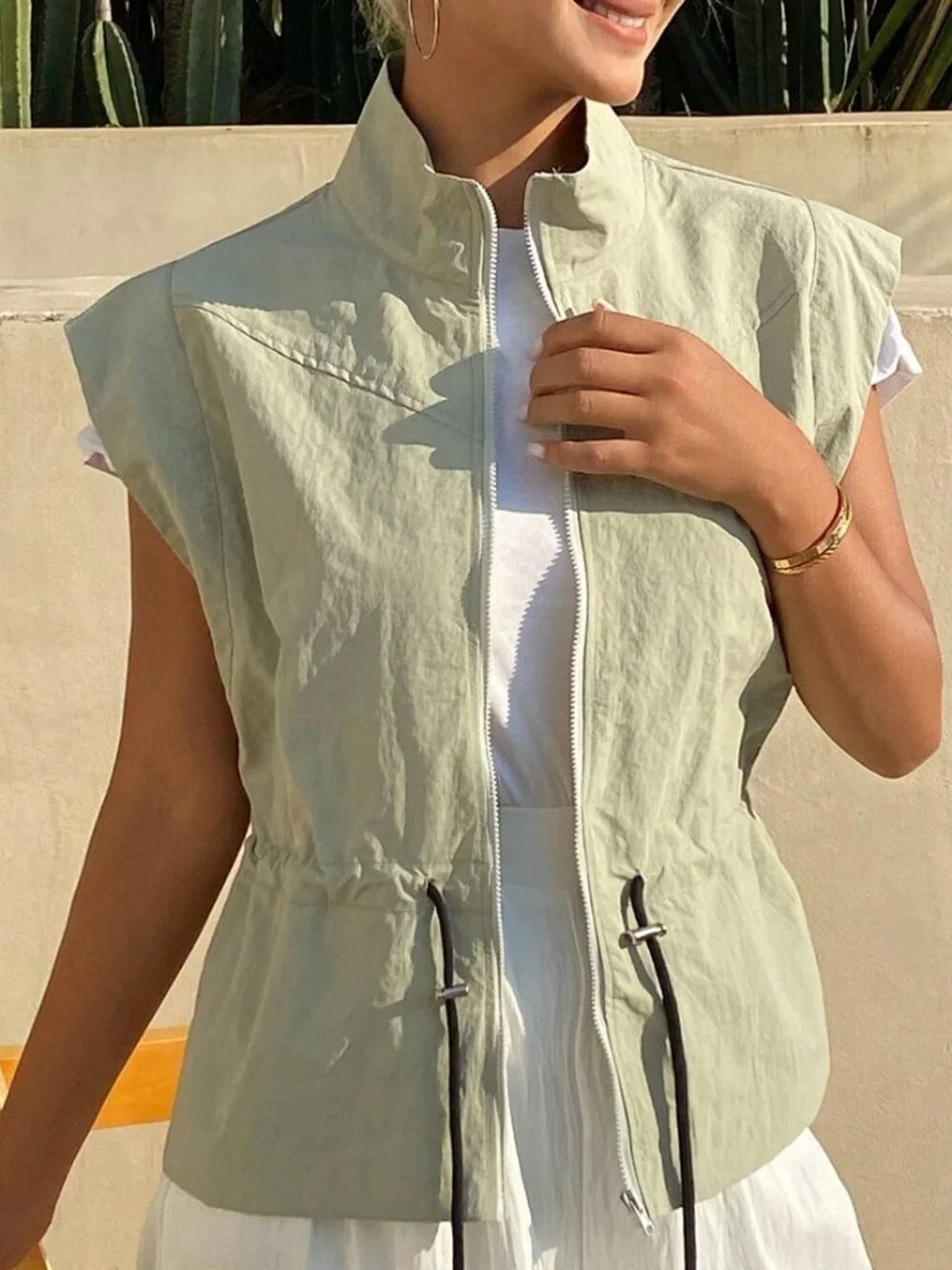 Green Casual Women's Loose Drawstring Waist High Neck Sleeveless Jacket
